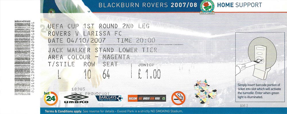 ΕΙΣΙΤΗΡΙΟ BLACKBURN ROVERS-ΑΕΛ 04.10.2007