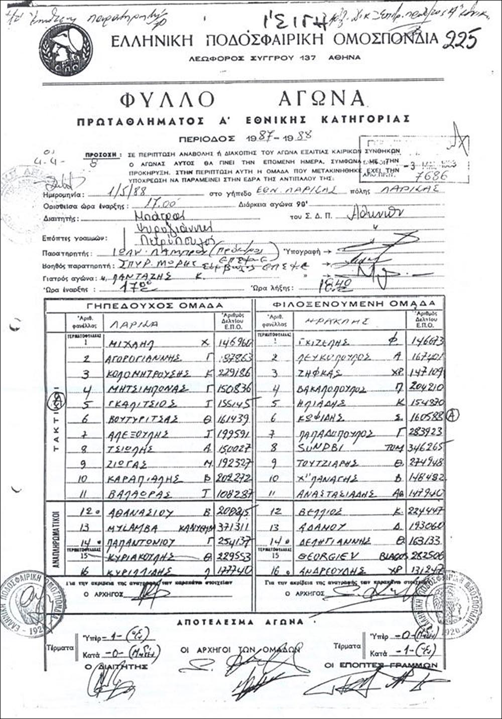 ΤΟ ΦΥΛΛΟ ΑΓΩΝΑ ΤΟΥ ΑΕΛ-ΗΡΑΚΛΗΣ 1988